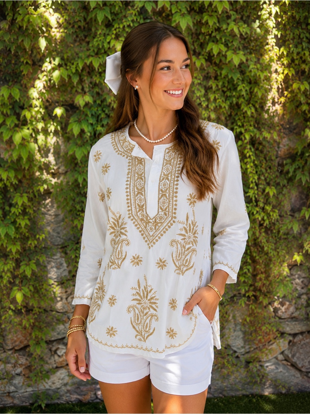 GINGER BLOSSOM Coastal Resortwear White and Gold Embroidered Tunic, EU 42/